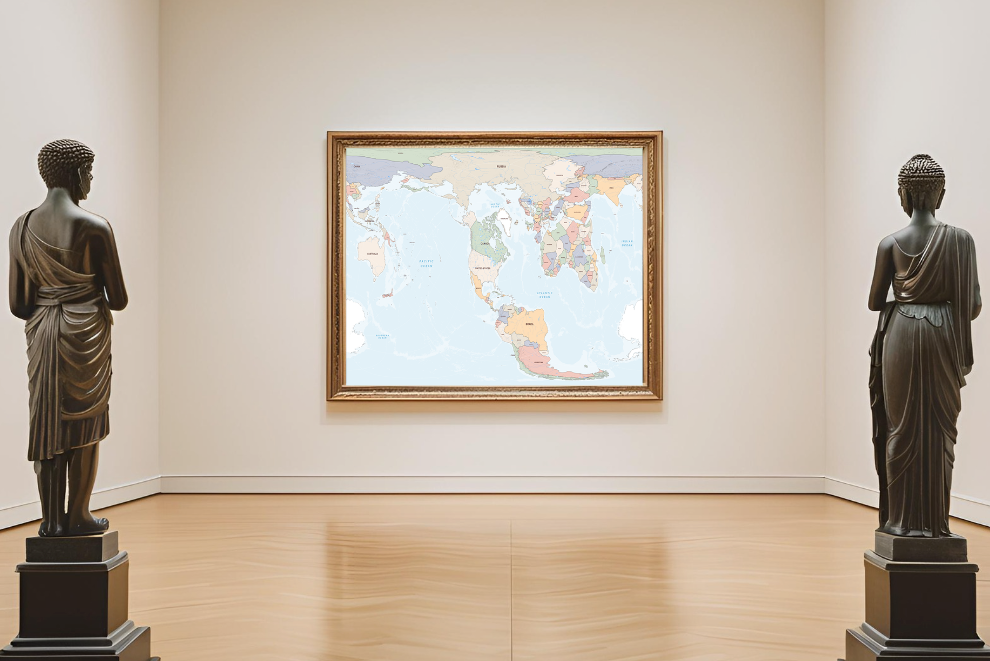 A world map hung in a museum with statues on its flanks